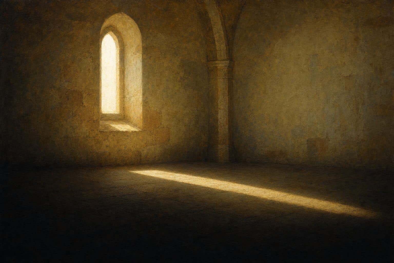 An oil painting of an arched chapel window at three in the afternoon, two long shafts falling across a bare stone floor.