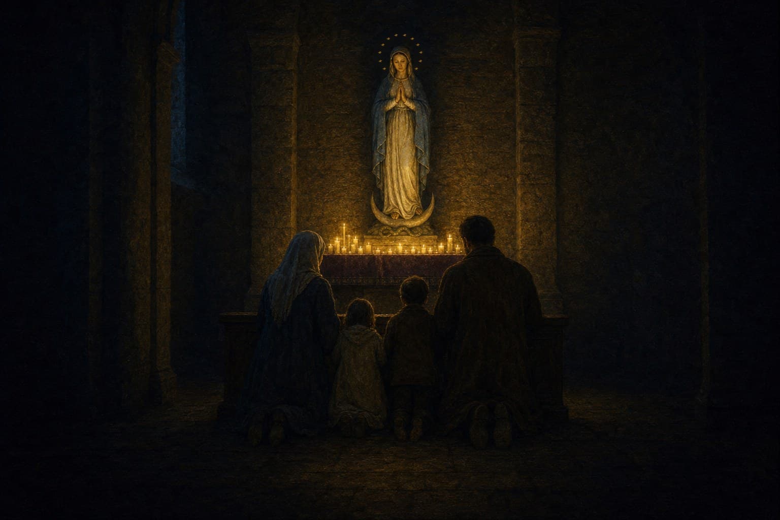 An oil painting of the Immaculate Conception as a carved statue, hands joined, with twelve stars about her head and the crescent and serpent beneath, on a parish side altar at Advent dusk with votive candles and a violet frontal, a family kneeling before it, seen from behind.