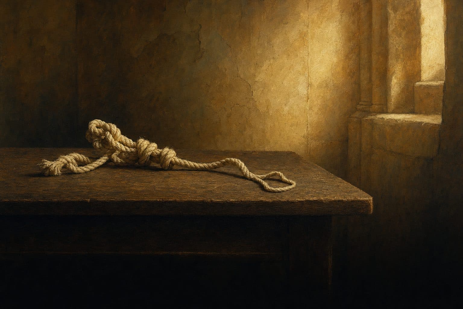 An oil painting of a heavy pale cord lying knotted on a dark oak table, one knot worked loose.