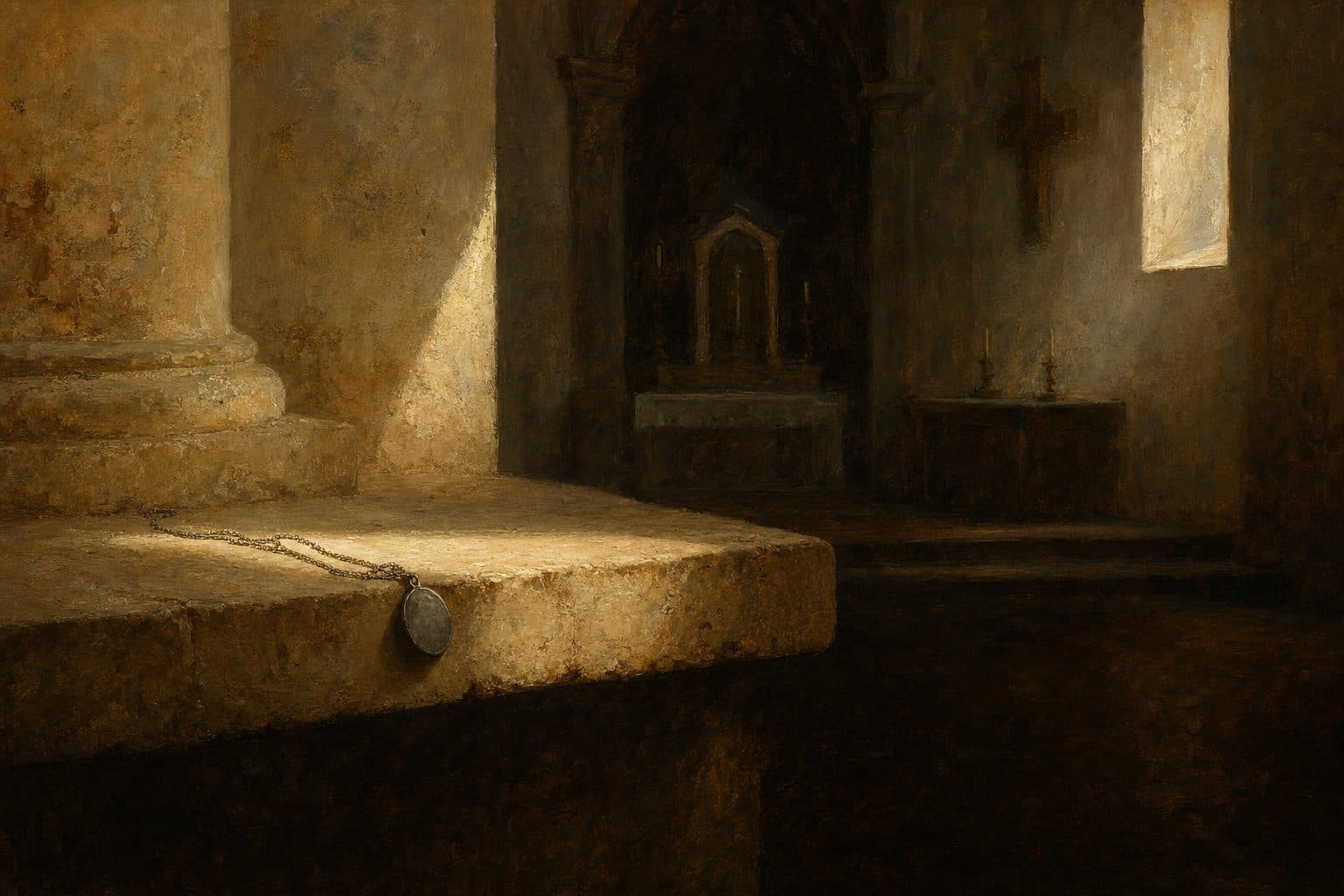 Una medalla de plata gastada, con su cadena fina, sobre una repisa de piedra junto a una columna, en la luz de una ventana alta; al fondo, una capilla en penumbra con un altar, velas y una cruz