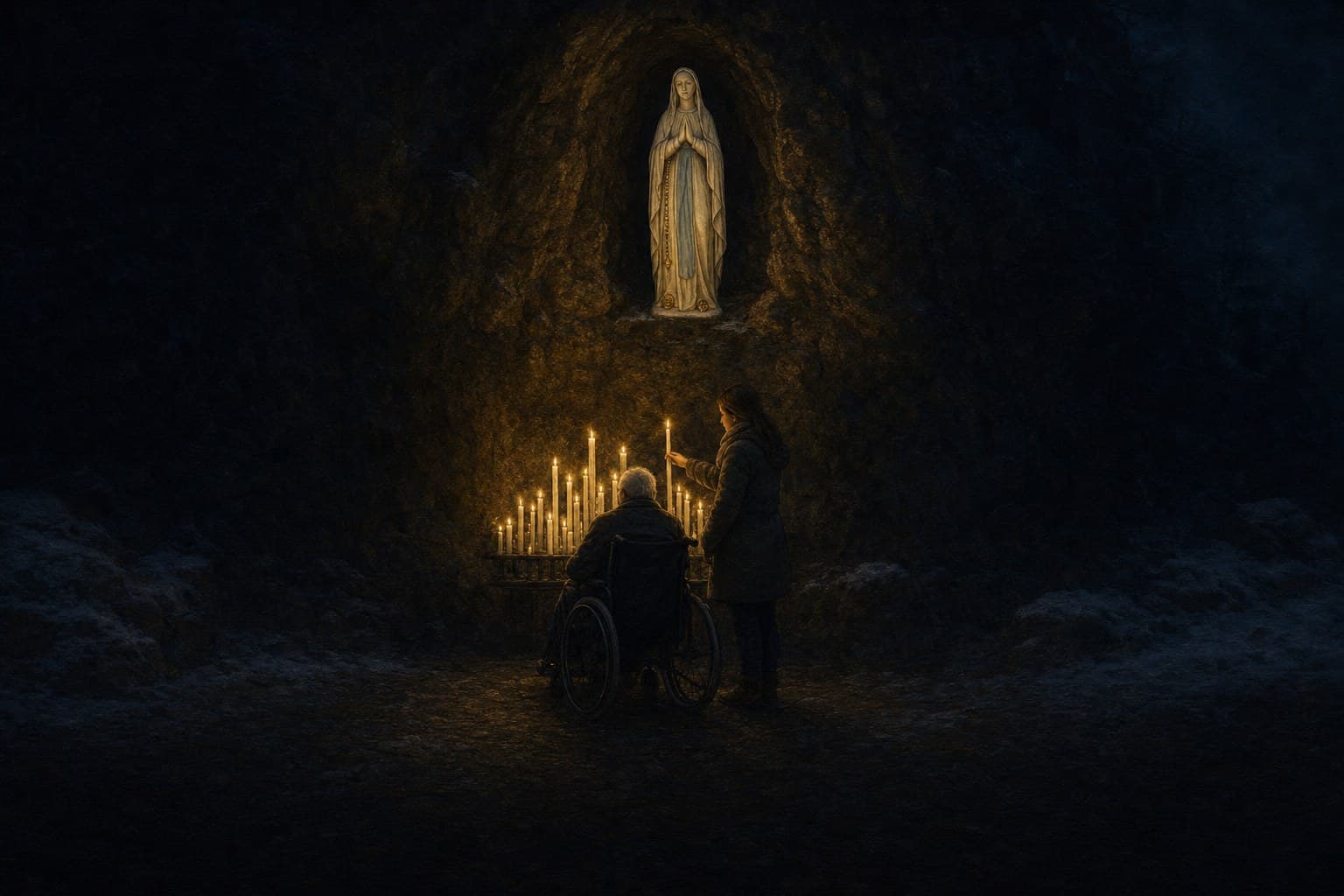 An oil painting of the statue of Our Lady of Lourdes in the rock niche of the Massabielle grotto at winter dusk, in a white veil and blue sash with a rosary and golden roses, above a stand of pilgrim candles where an elderly man in a wheelchair and his carer light a candle, seen from behind.