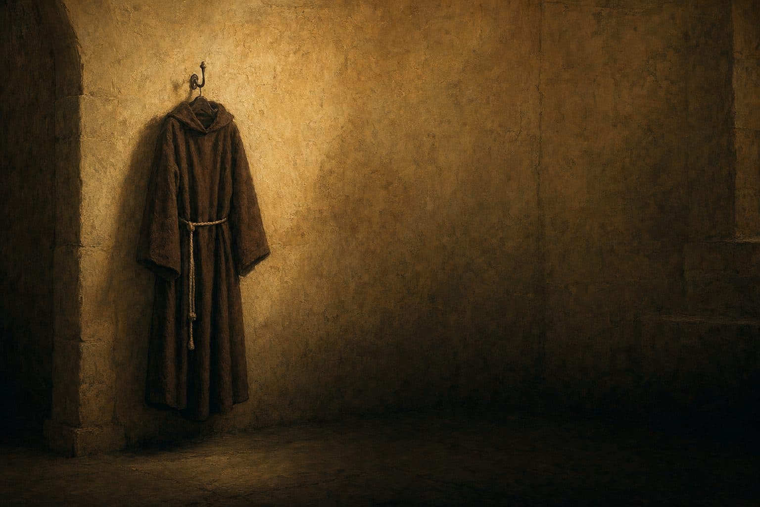 An oil painting of a worn brown woollen habit hanging from an iron hook on a bare monastery wall.