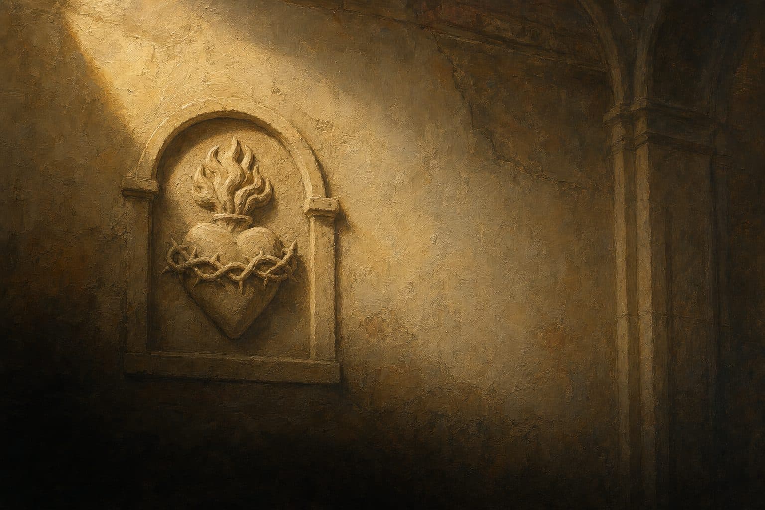 An oil painting of a carved stone relief of a flaming heart crowned with thorns, set into a chapel wall.