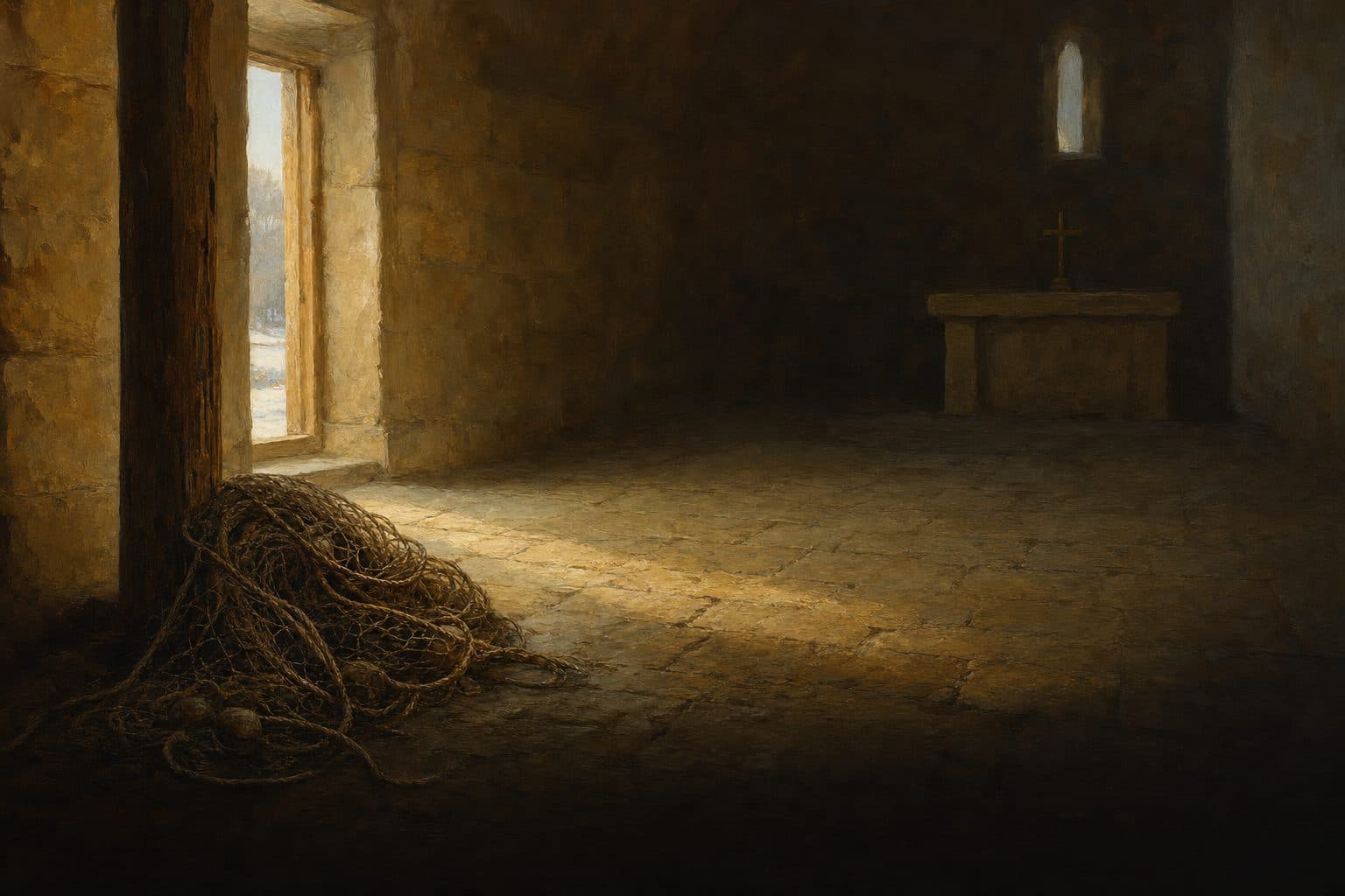 An oil painting of a fisherman’s net coiled on a stone floor beside a wooden post in a bare chapel.