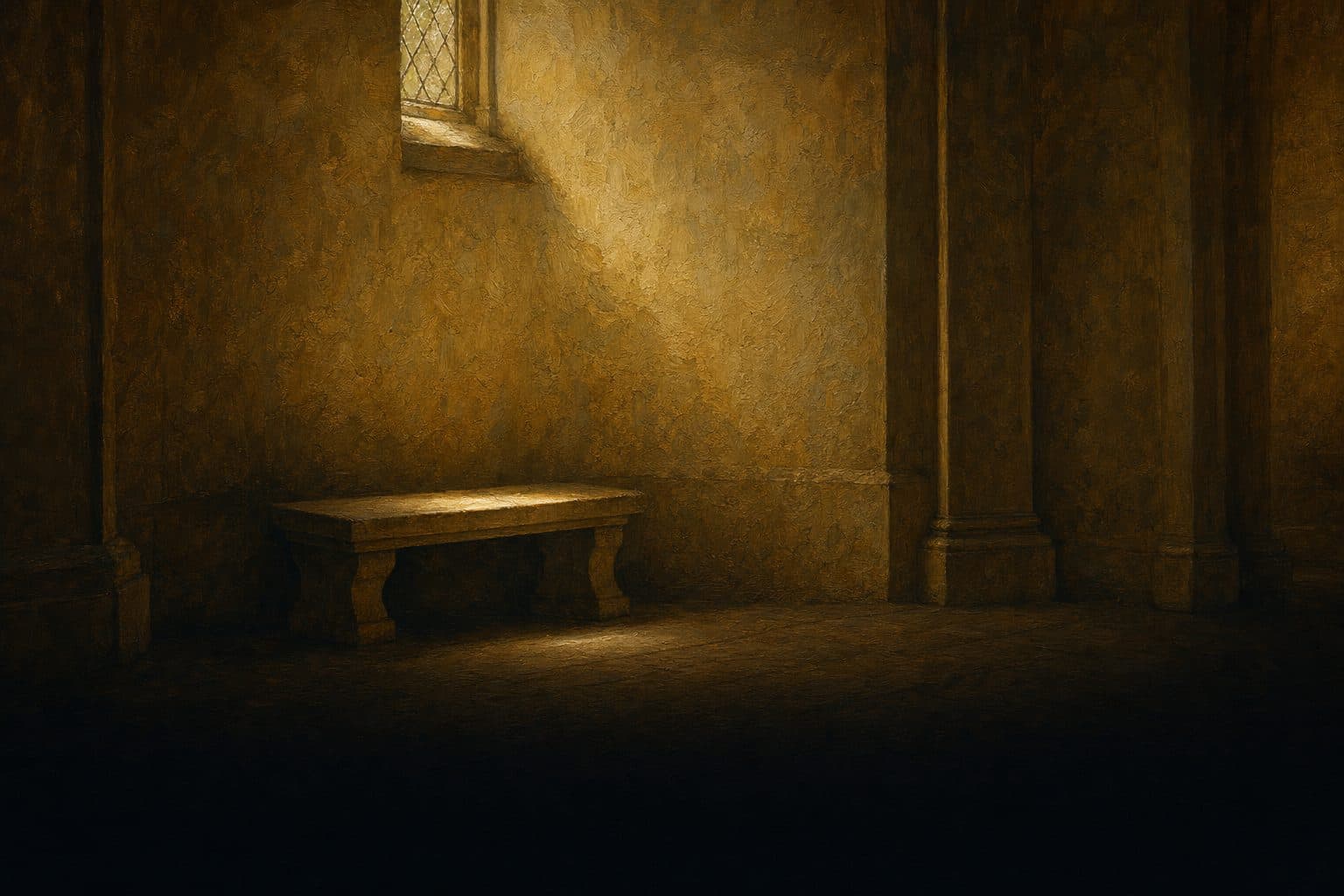 An oil painting of an empty stone bench against a chapel wall beneath a small high window, one band of light across the seat.