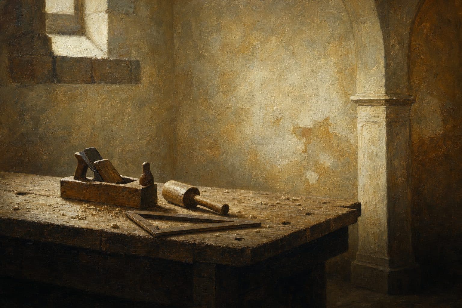 An oil painting of a carpenter’s plane, mallet and set square on a scarred wooden workbench, cold light from a high window.