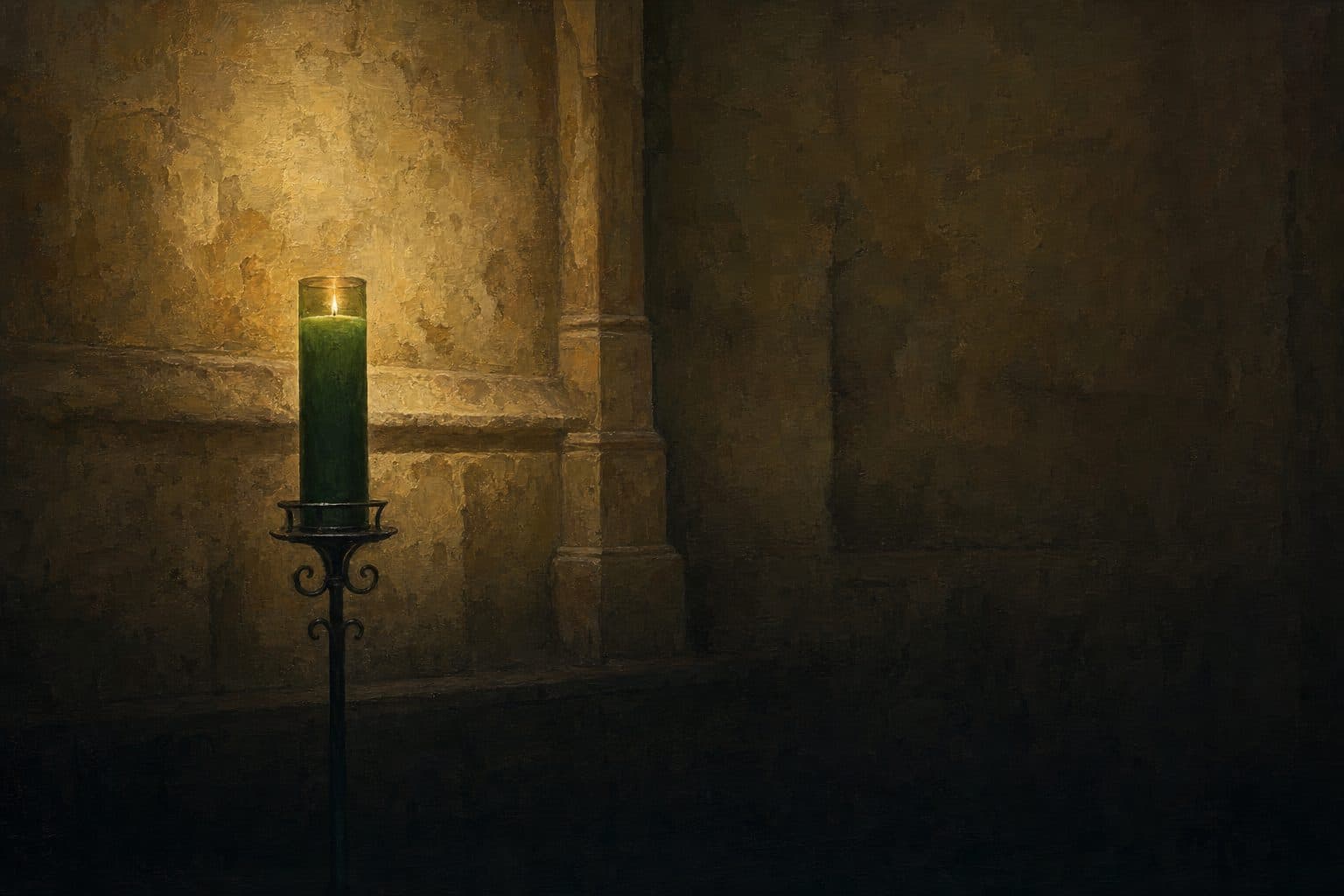 An oil painting of a tall green votive candle burning alone on a blackened iron stand in a side chapel.
