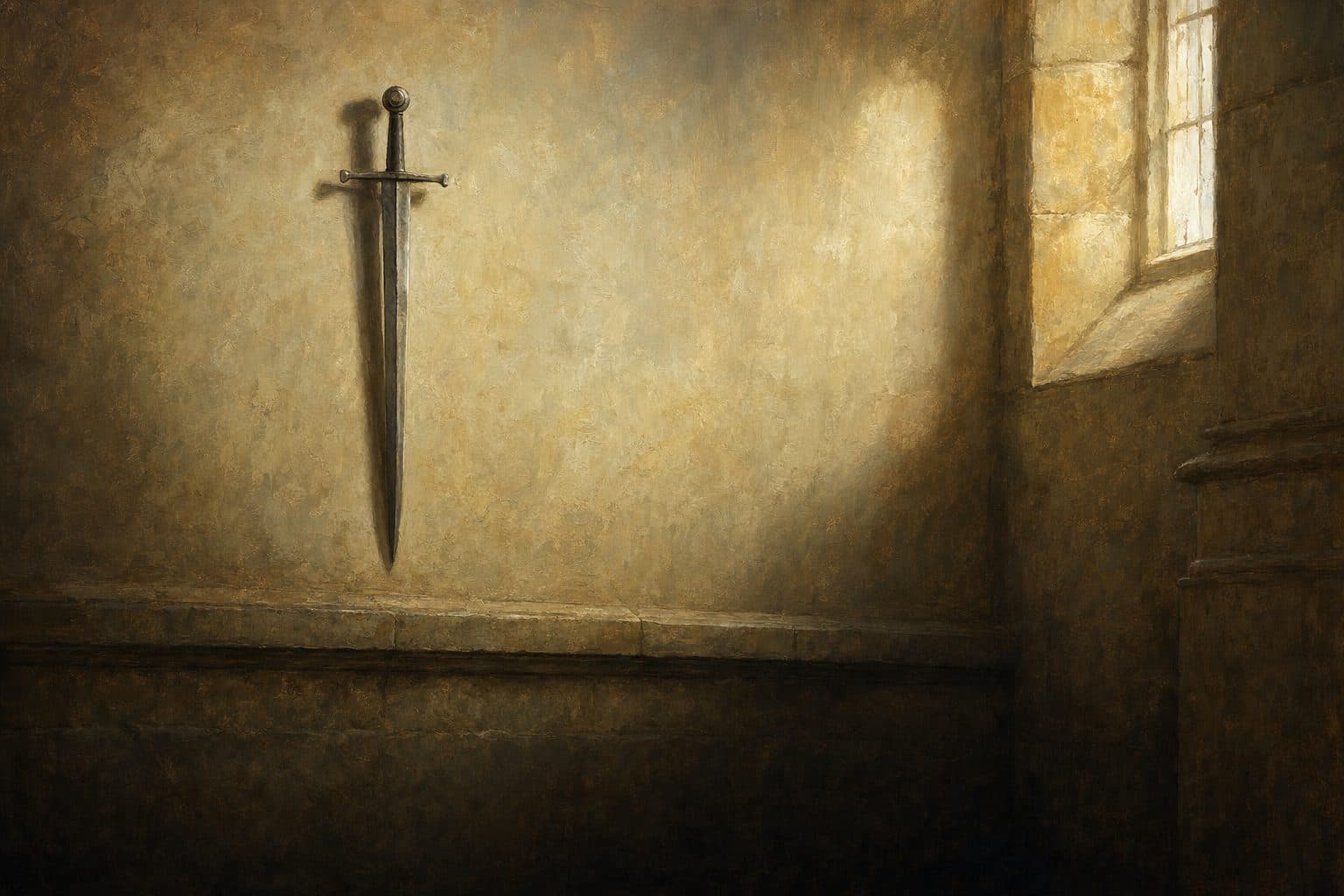An oil painting of a plain iron sword mounted point-down on a pale chapel wall above a stone ledge.
