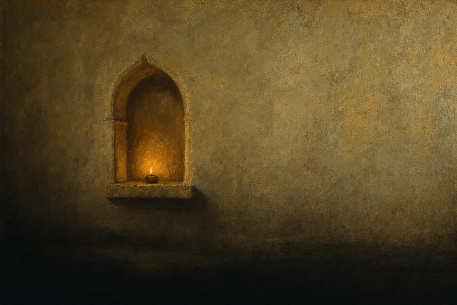 An oil painting of a small candle burning low before a shallow stone shrine niche in a hospital chapel.