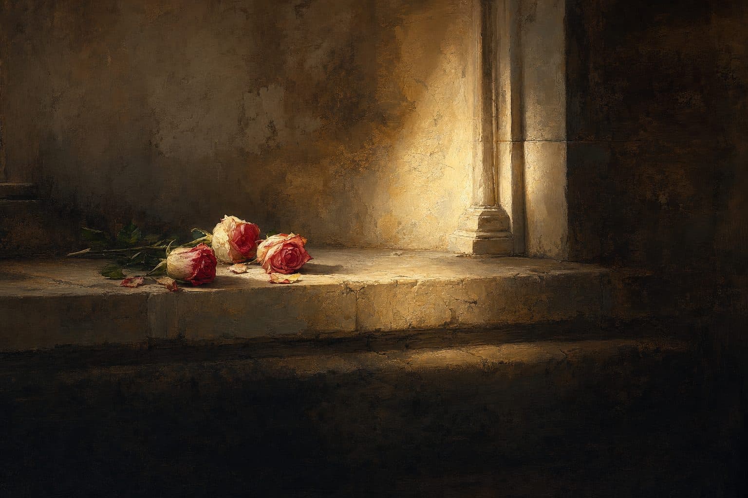 An oil painting of three cut roses on a worn limestone ledge, petals loosening in a shaft of warm light.