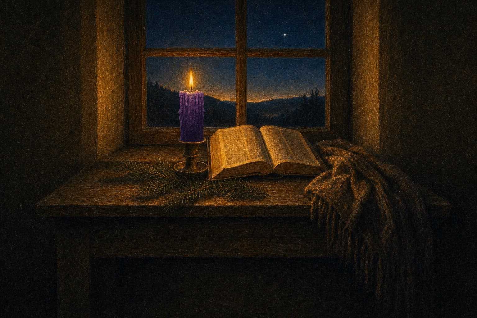 Just before dawn, a violet candle burns on a window sill beside an open Bible, a sprig of evergreen and a wool shawl, under one bright star.