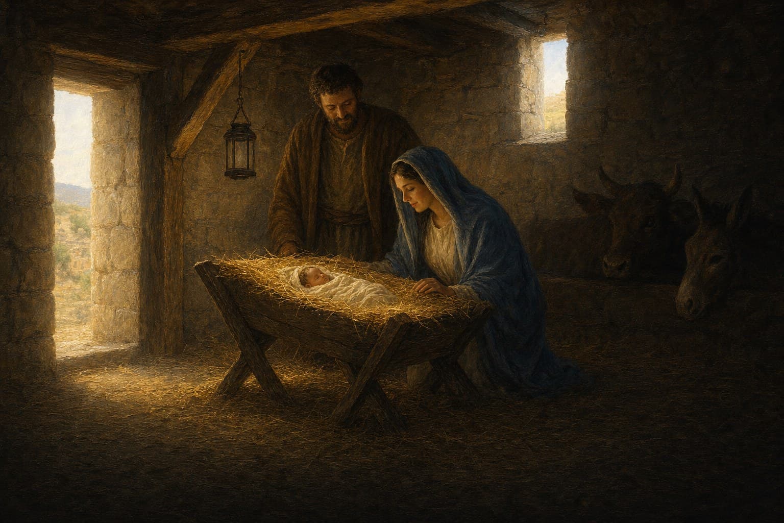 The Christ Child asleep in swaddling clothes in a straw-filled manger in a stone stable, Mary kneeling beside him and Joseph standing behind, an ox and a donkey in the shadows, and morning light coming in through the open door.