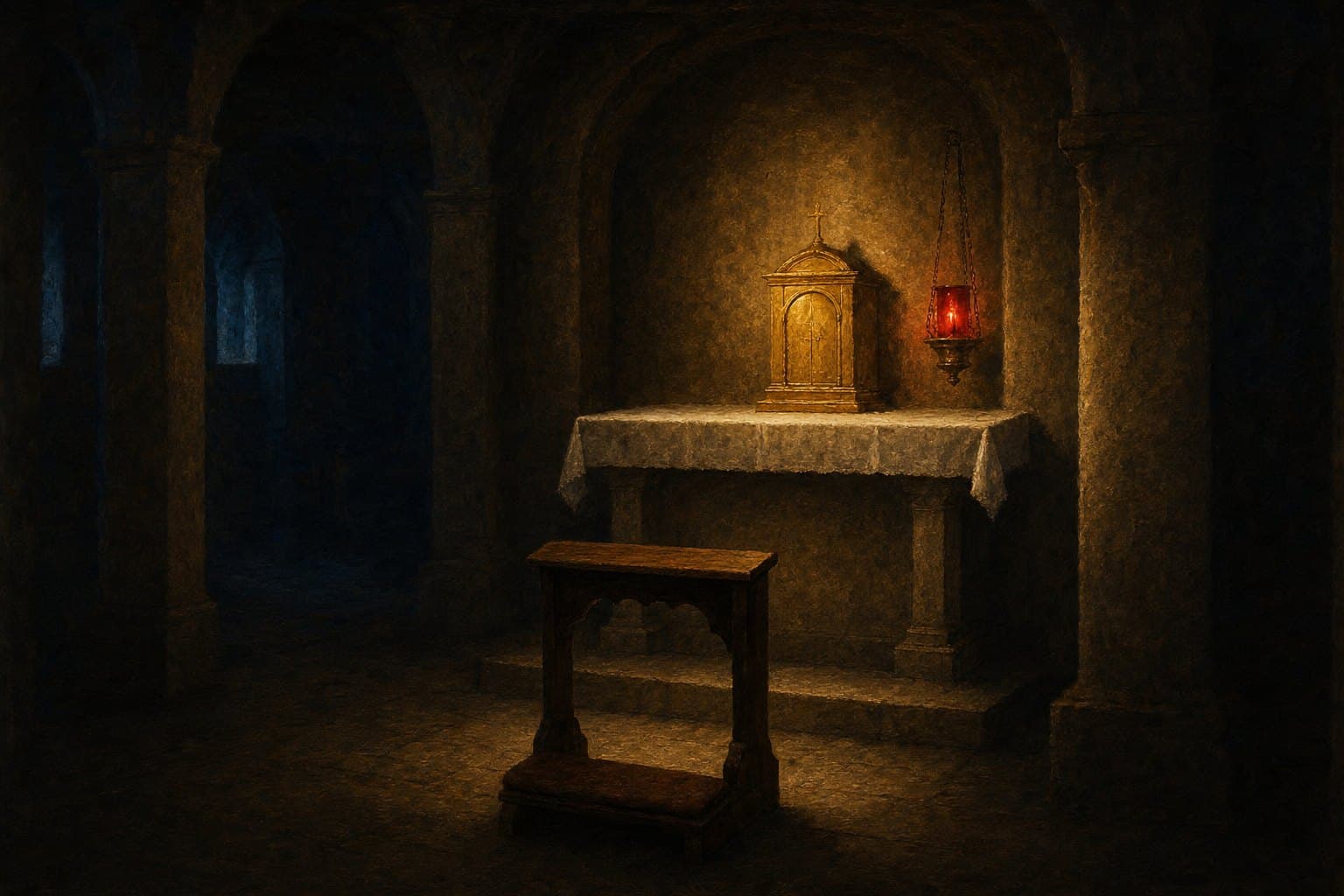 Una capilla lateral de piedra de noche, con el sagrario dorado cerrado sobre el altar, la lámpara roja encendida a su lado y un reclinatorio vacío frente a él