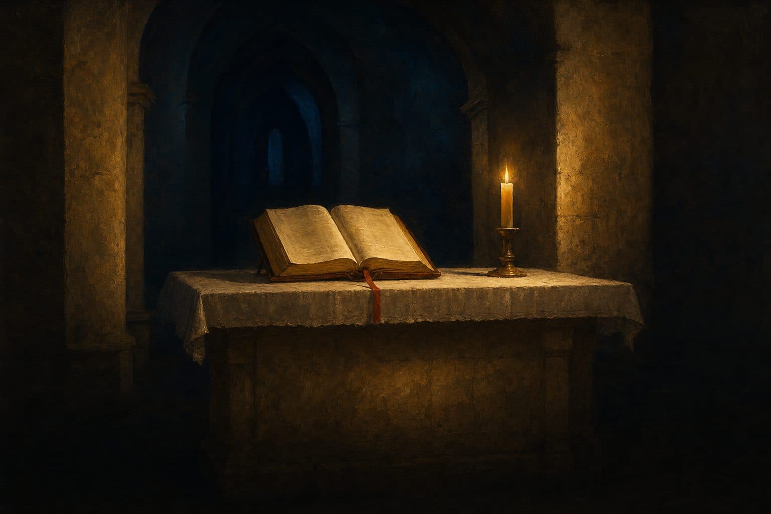 A large old missal lying open on a stone altar dressed in white linen, a red ribbon marker hanging over the edge, beside a single tall candle in a dark vaulted church.