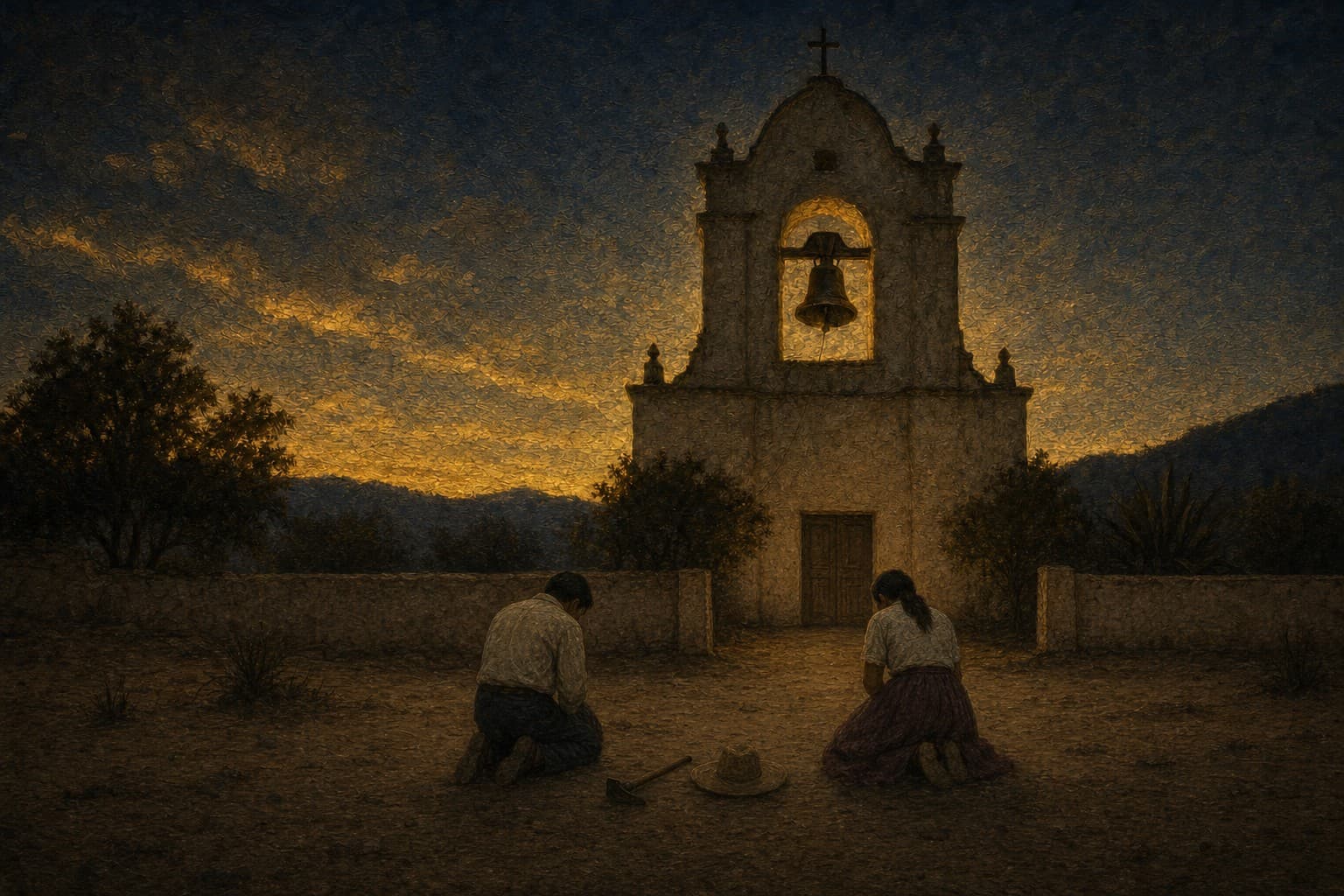 Una iglesia de pueblo con su espadaña y la campana al atardecer dorado; delante, en el atrio, un campesino y una campesina rezan de rodillas con la cabeza inclinada, con el sombrero y el azadón en el suelo