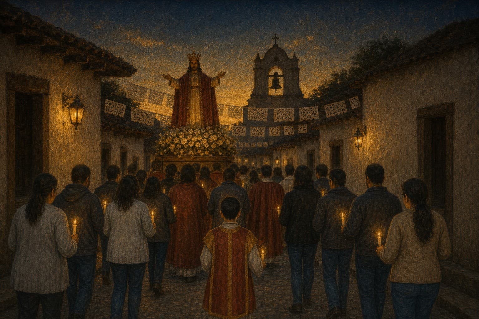 Una procesión de pueblo al atardecer detrás de la imagen de Cristo Rey, coronado y con los brazos abiertos, sobre unas andas de flores bajo papel picado; la gente lleva velas y un monaguillo va delante