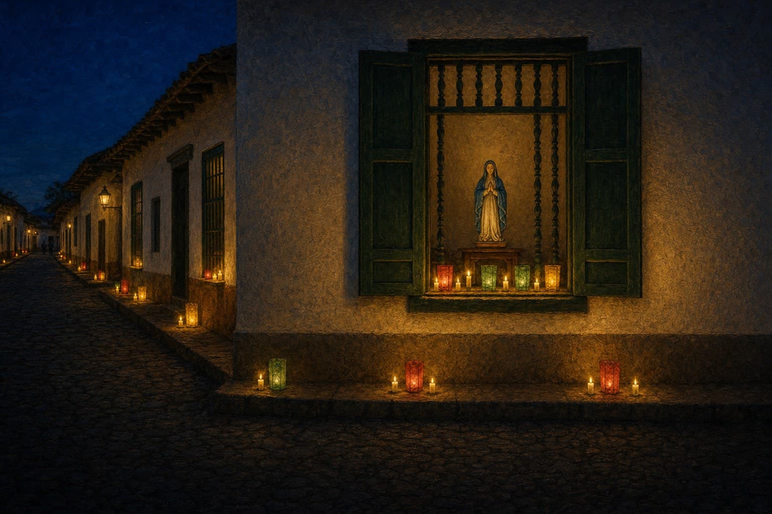 Una ventana de una casa colombiana de noche, con velitas y faroles de papel encendidos en el borde y en el andén; adentro, una imagen sencilla de la Inmaculada, y al fondo la calle con las casas vecinas iluminadas igual