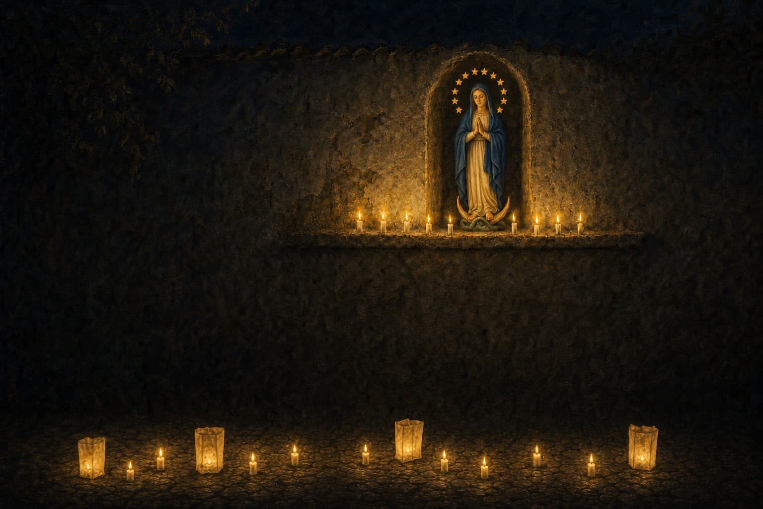 La Inmaculada en un nicho de la calle, de noche: túnica blanca, manto azul, manos juntas, la luna y la serpiente a sus pies, doce estrellas, y velitas encendidas en el borde y en el empedrado