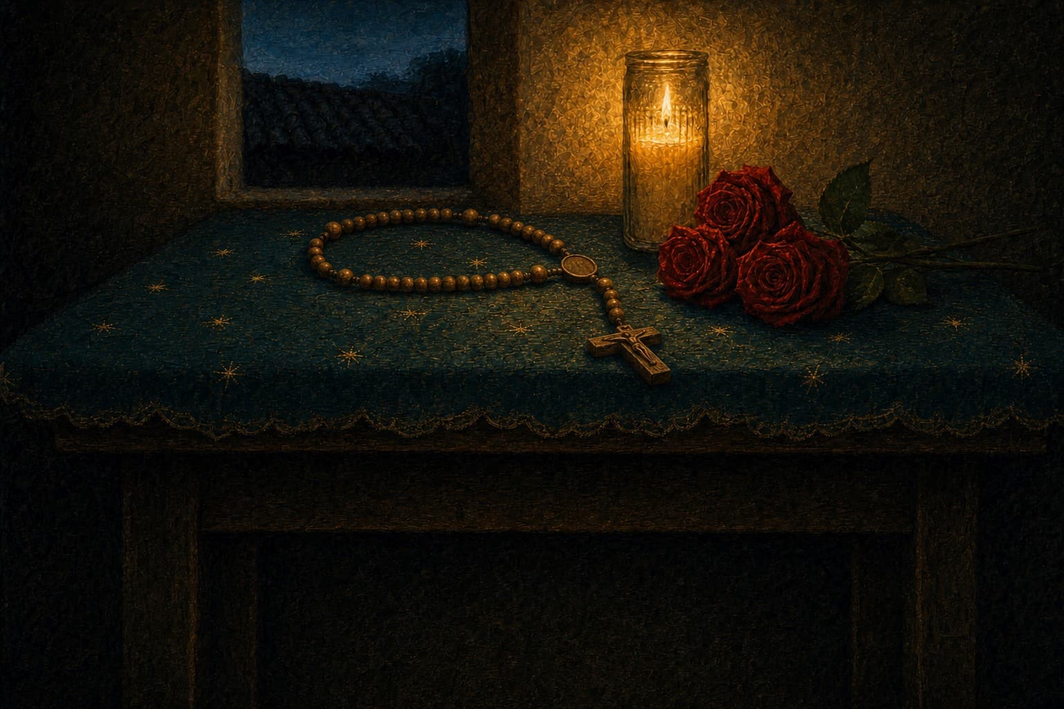 Un altar en casa al anochecer: un rosario de madera sobre un paño verde azulado con estrellas doradas, una veladora encendida y tres rosas rojas