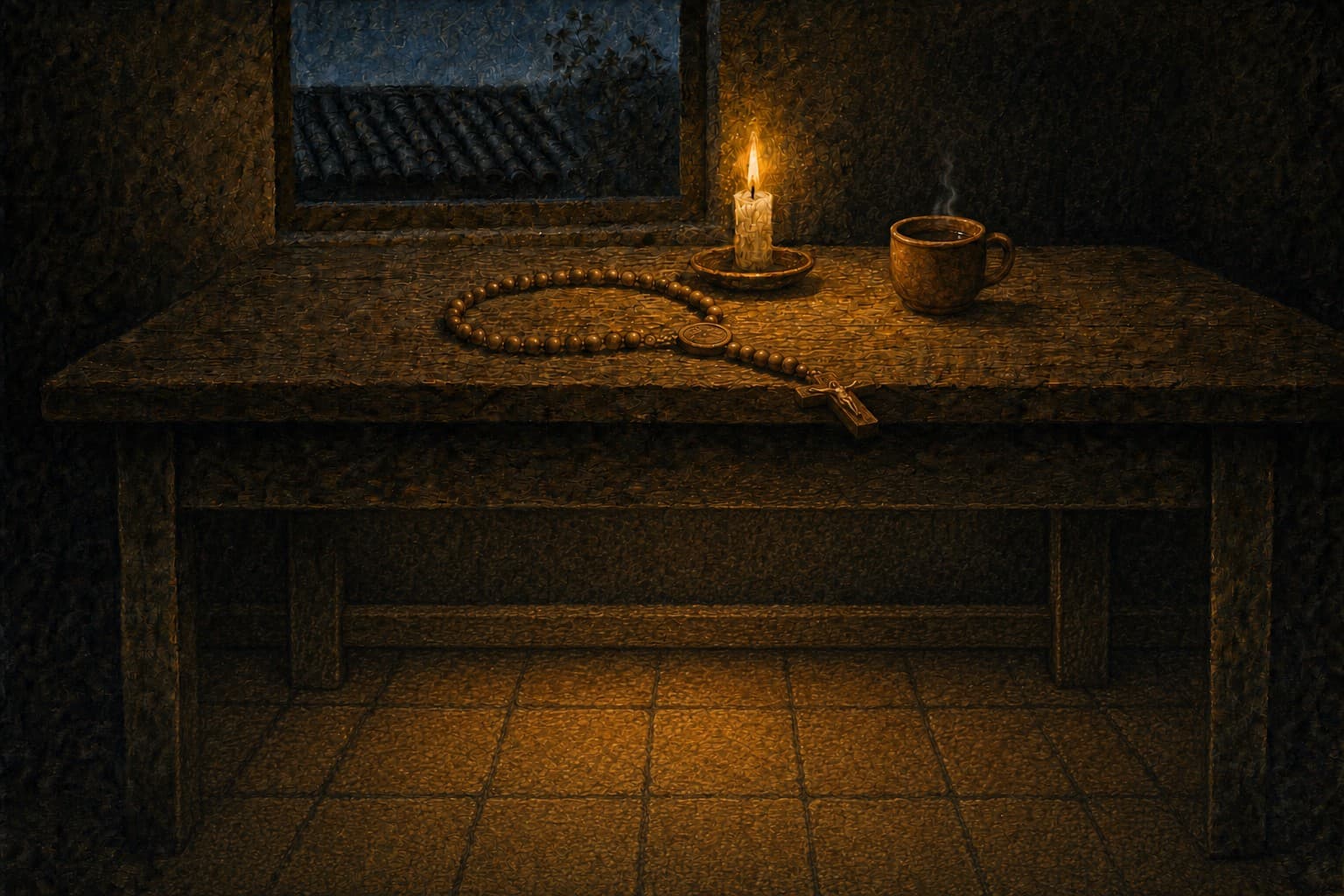 Um terço de madeira sobre uma mesa junto à janela, ao anoitecer, com uma vela acesa e uma xícara de café fumegante; lá fora, um telhado de telhas