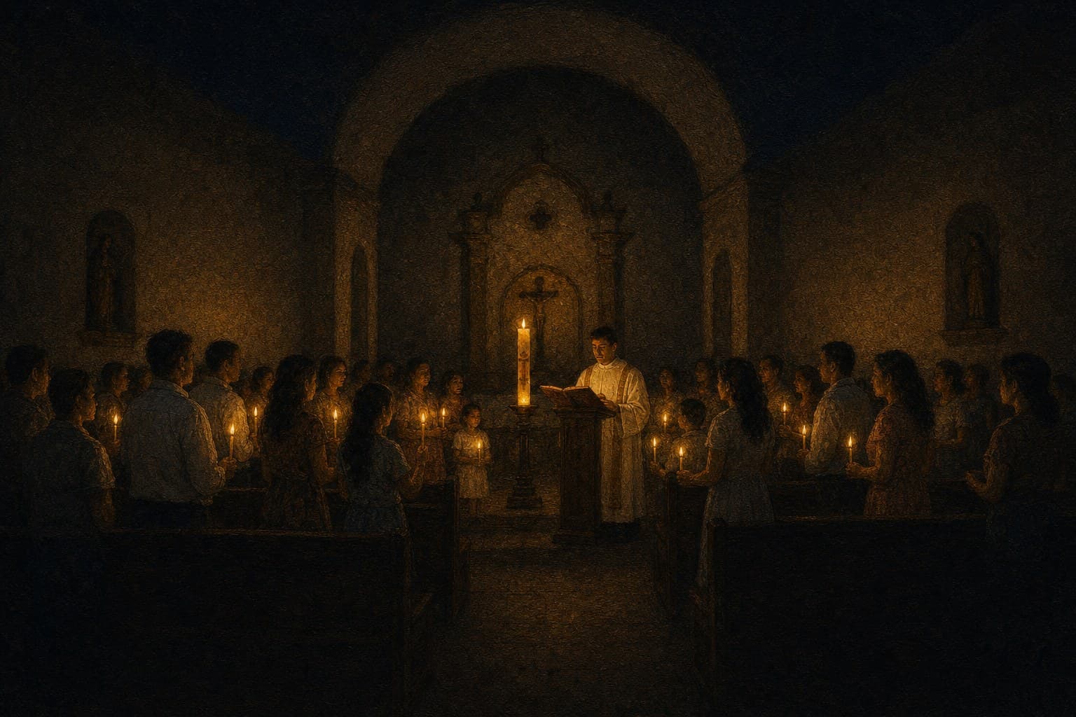 In a dark nave lit by the tapers of the faithful, a deacon in white sings beside the lighted paschal candle at the ambo.