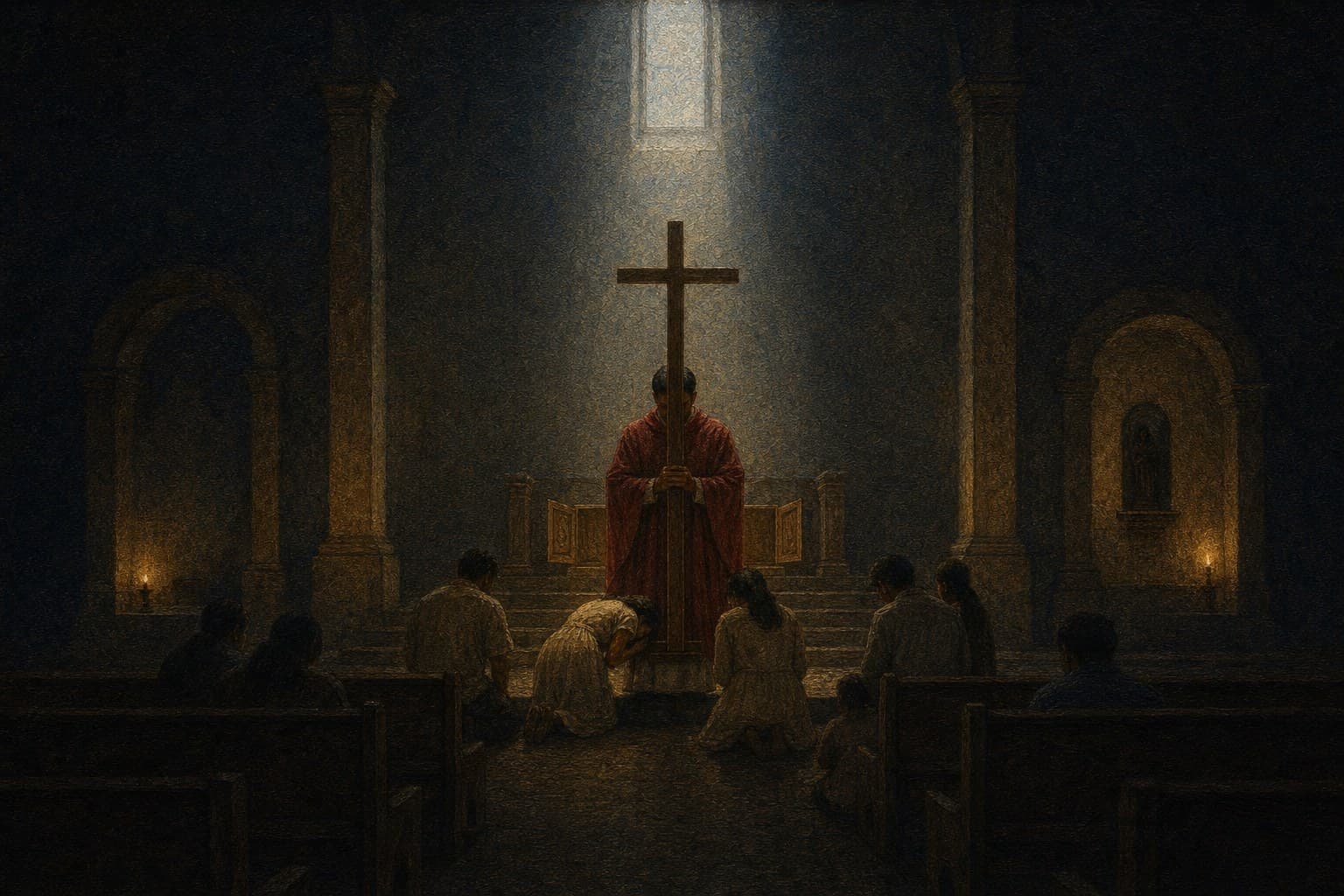 At the Veneration of the Cross, a priest in red vestments holds a plain wooden cross before the stripped altar while the faithful kneel in grey window light.