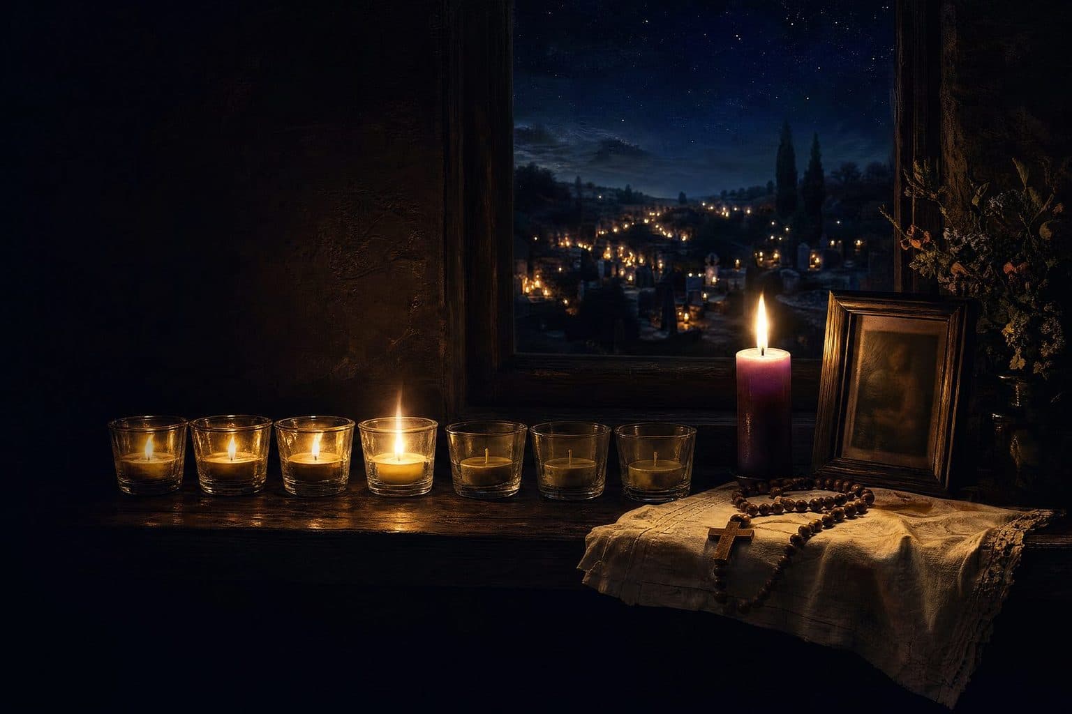 Candles lit on a windowsill at night: a violet candle, the photograph of a loved one and a rosary on linen, with a cemetery full of small lights beyond the window.
