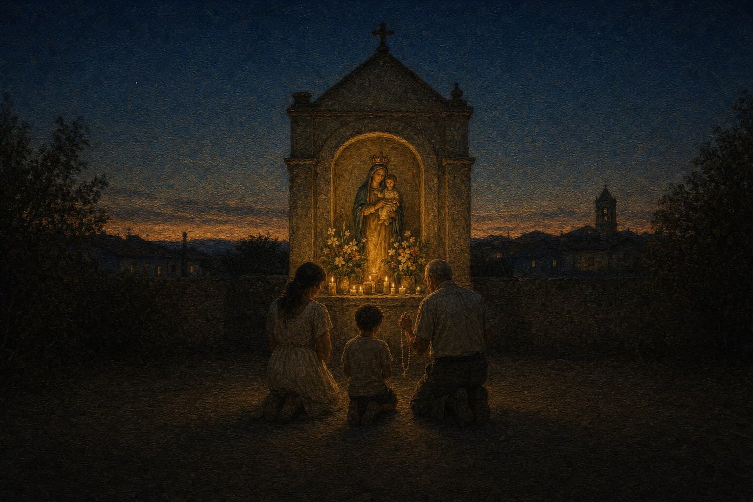 A mother, a child and a grandfather holding a rosary kneel, seen from behind, before a wayside stone shrine on a May evening, where a crowned Mary holds the Child in a candlelit niche among lilies and votive candles.