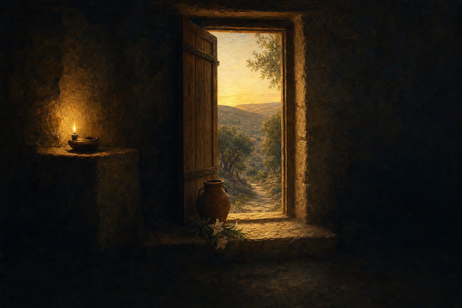 Una habitación a oscuras con una lámpara de aceite encendida y la puerta abierta a un camino con la primera luz de la mañana