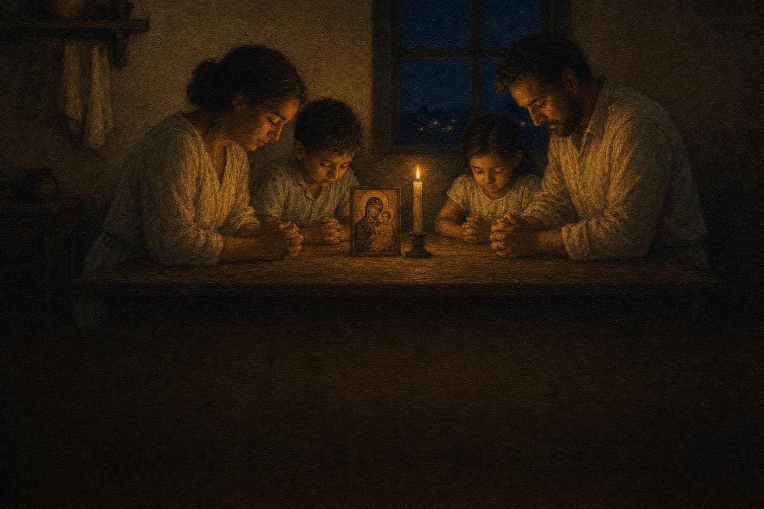 A mother, father and two children pray with folded hands at a wooden table at midnight around one lit candle and an icon of Mary, Mother of God, with the Child, the lights of a distant village in the night window behind them.