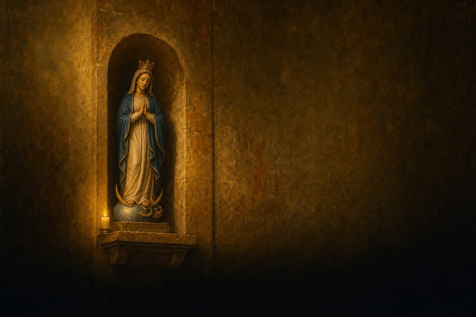 Imagem de Nossa Senhora da Conceição num nicho de pedra, coroada, de manto azul e mãos postas, com a lua e o mundo a seus pés, à luz de uma vela