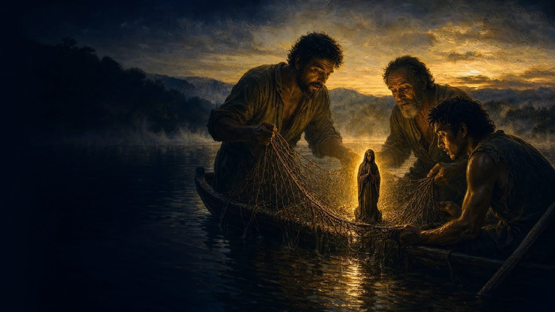 Três pescadores numa canoa ao amanhecer erguem a rede com a pequena imagem escura de Nossa Senhora brilhando nela
