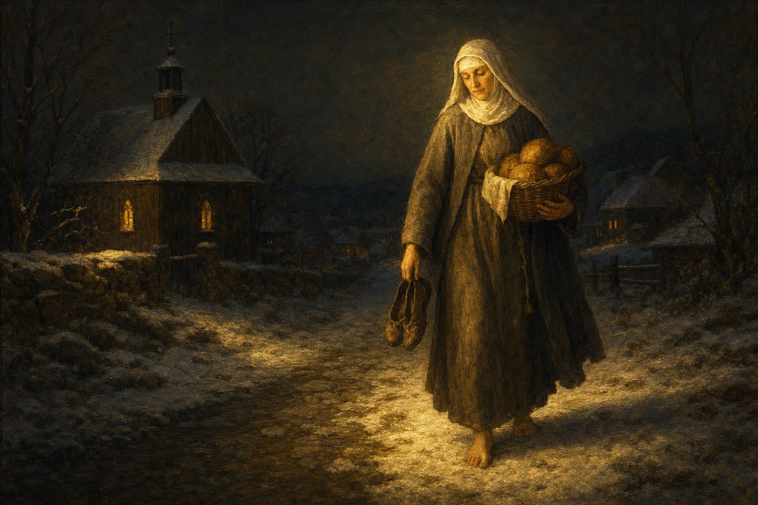 Santa Edwiges com véu de viúva, descalça na neve, com os sapatos na mão e um cesto de pão para os pobres.