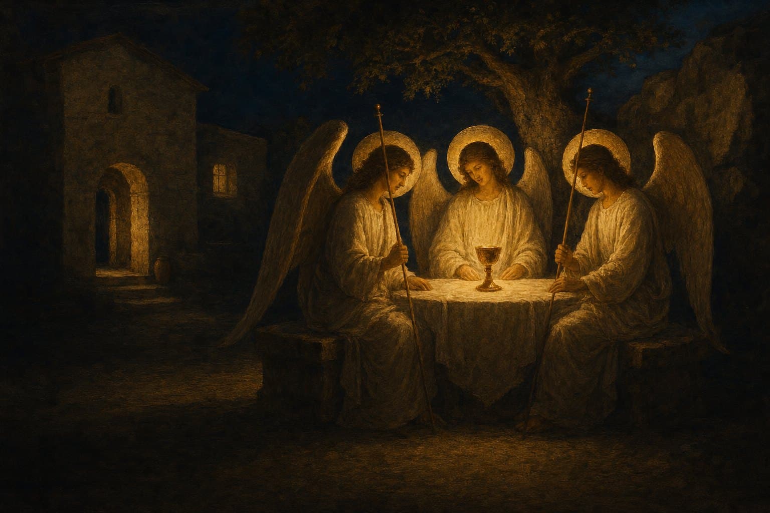 Three angels with golden halos seated at a small round table under a great oak at night, a single chalice between them, an old stone house glowing in the distance.