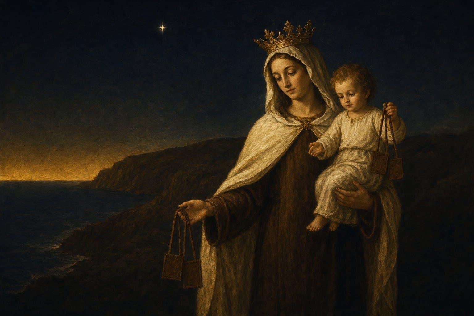 Nossa Senhora do Carmo, coroada, com o Menino Jesus, oferece o escapulário marrom; atrás, o monte Carmelo junto ao mar