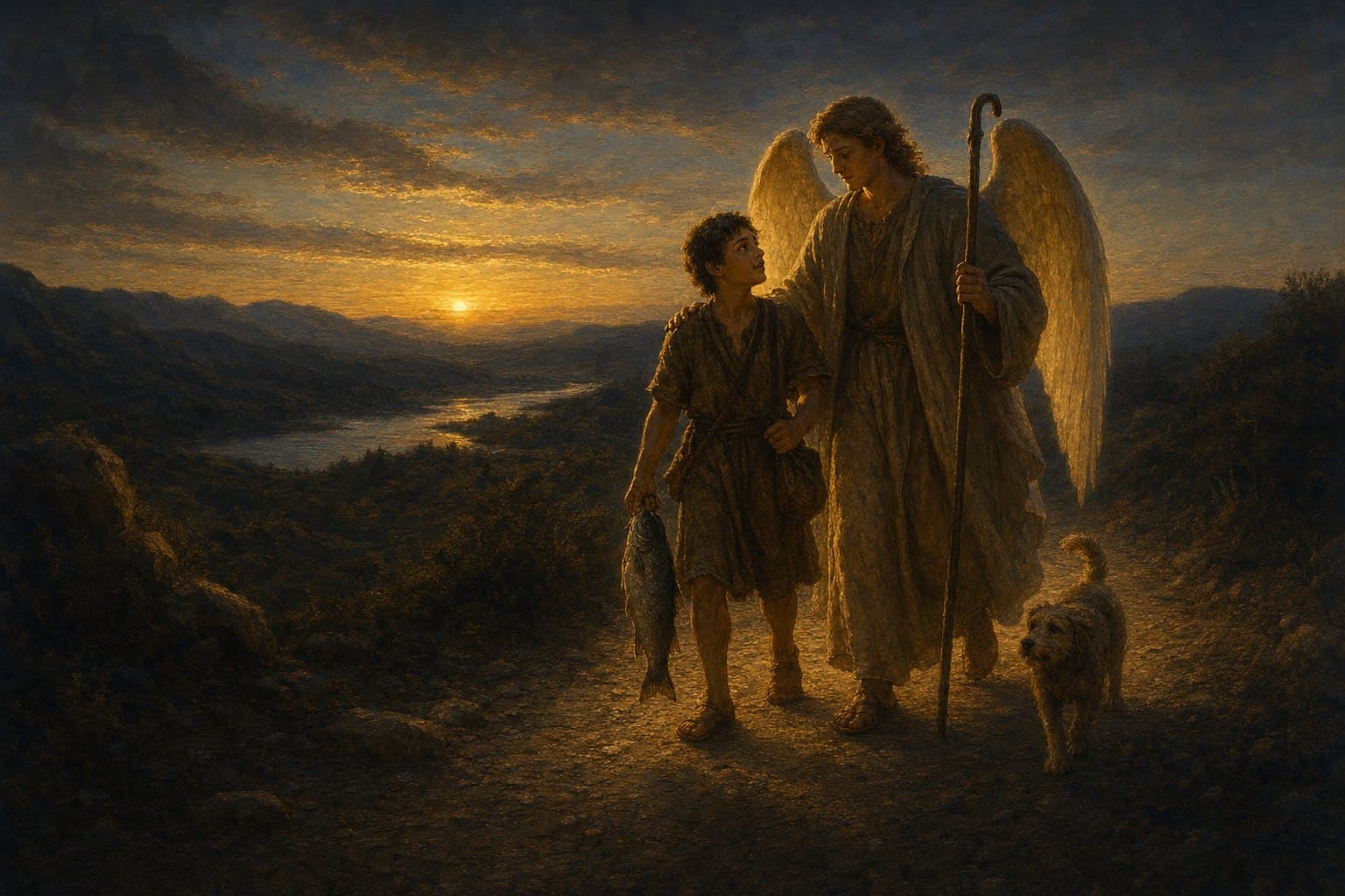 O arcanjo Rafael caminha ao entardecer ao lado do jovem Tobias, que leva o peixe na mão, com um cãozinho ao lado deles