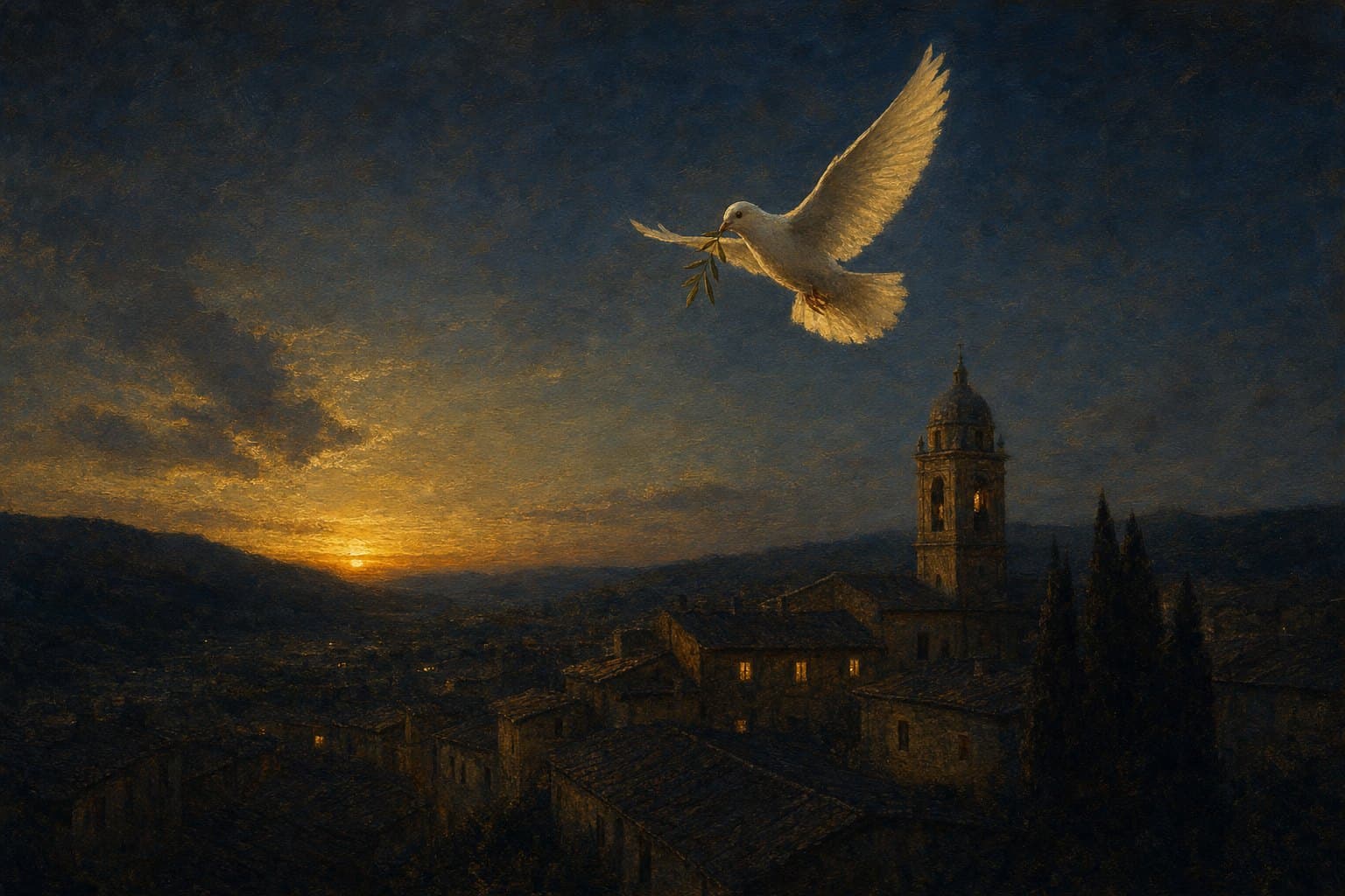 Uma pomba branca com um ramo de oliveira sobre uma cidadezinha tranquila e a torre da sua igreja ao entardecer