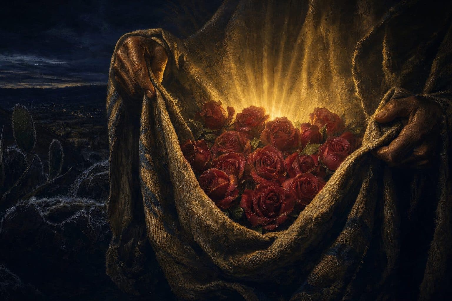 Mãos de Juan Diego seguram a tilma aberta, cheia de rosas vermelhas cobertas de orvalho, com uma luz dourada entre as flores e, ao fundo, o monte de cactos sob o céu escuro do amanhecer
