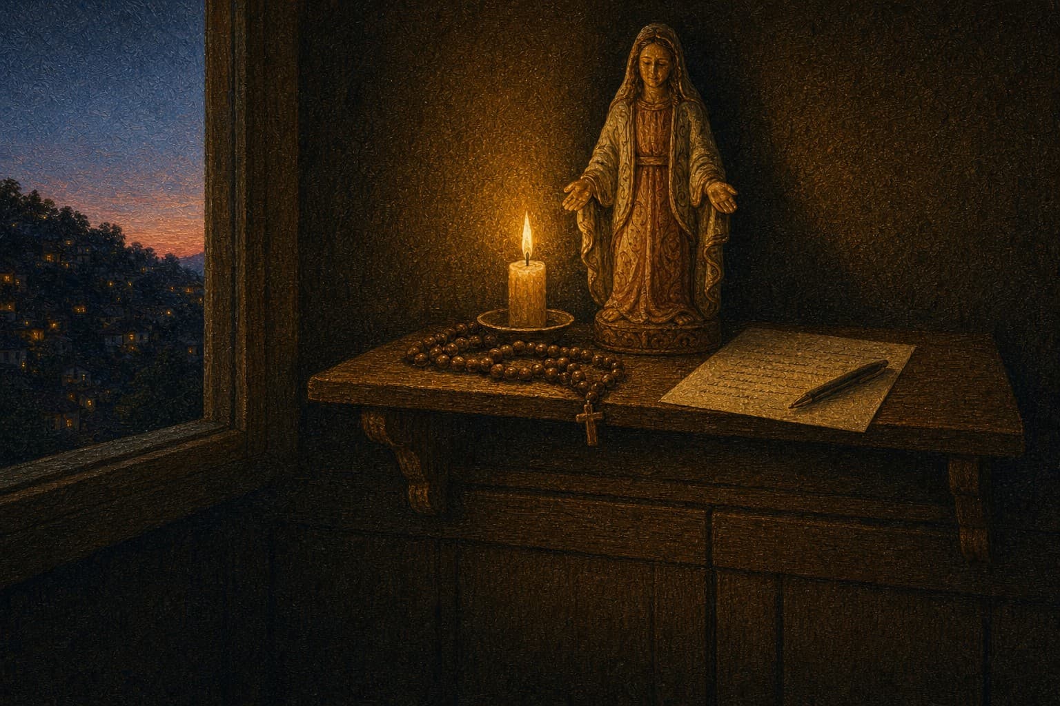 Ao amanhecer, numa casa simples, uma imagem de madeira de Nossa Senhora de mãos abertas sobre uma prateleira, com uma vela acesa, um terço e uma folha escrita à mão com uma caneta