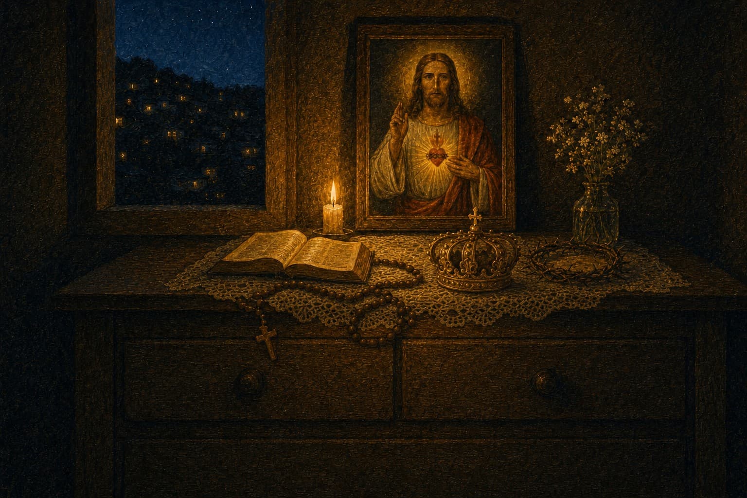 Um altar doméstico à noite: o quadro do Sagrado Coração de Jesus, uma vela acesa, a Bíblia aberta, um terço e uma coroa dourada com uma cruz ao lado da coroa de espinhos