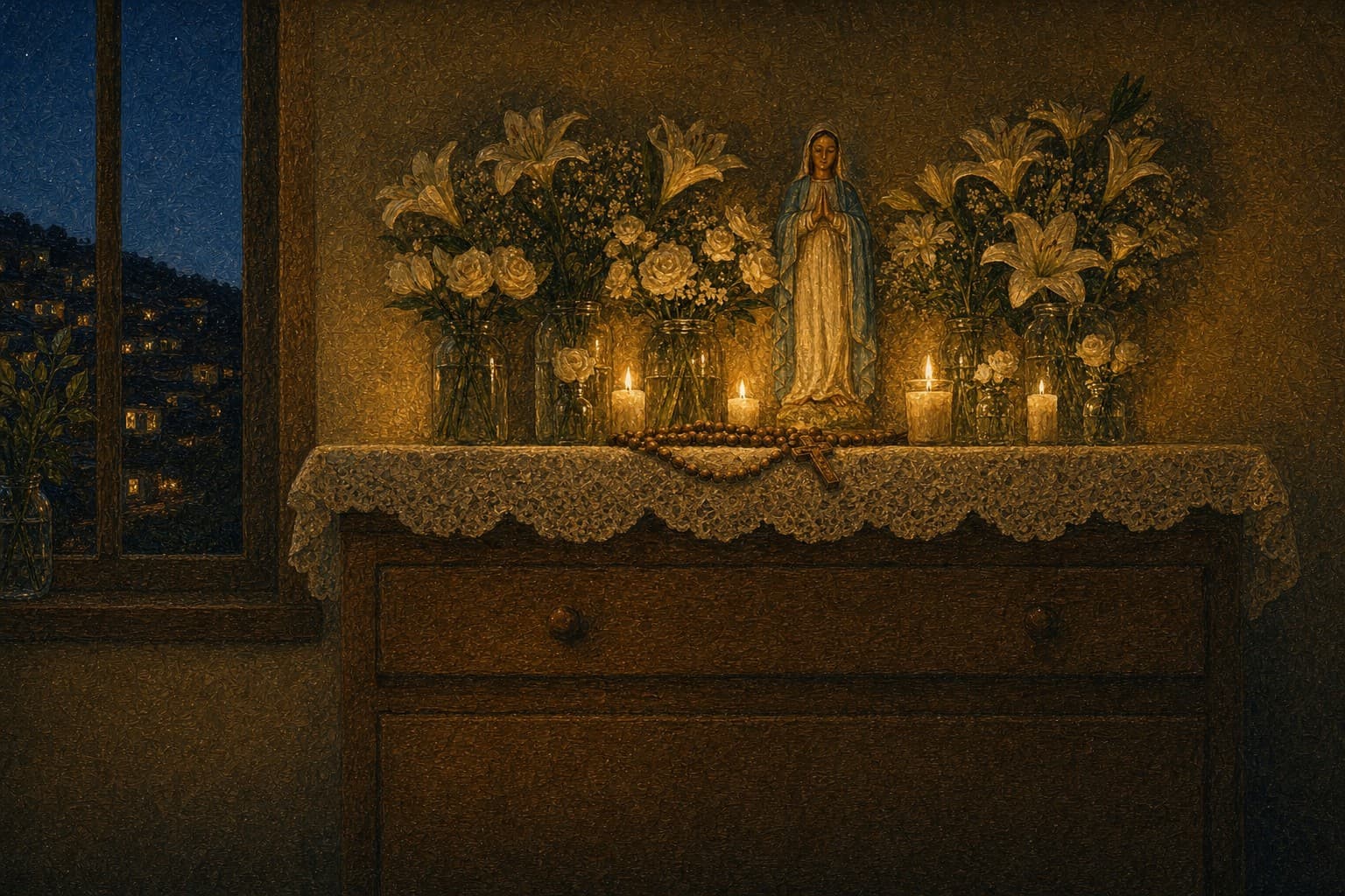 Um altar de maio em casa, à noite: a imagem da Imaculada de manto azul entre lírios e rosas brancas, velas acesas e um terço de madeira sobre a toalha de renda; pela janela, um morro de casas iluminadas