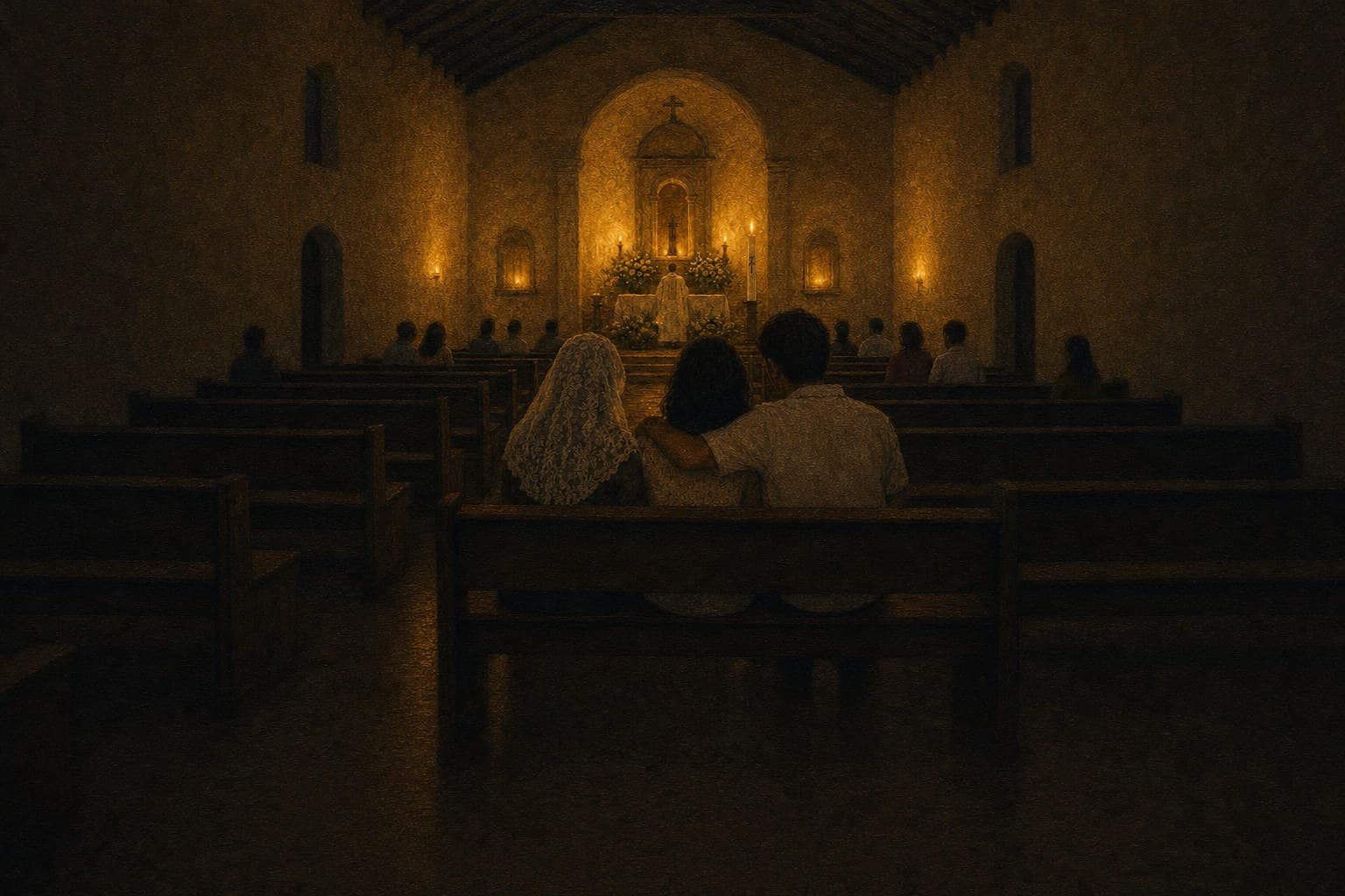 Uma Missa à noite numa igreja paroquial do Brasil, vista do fundo: o altar iluminado com uma vela alta e, na frente, uma avó com véu de renda, uma mãe e o filho adulto com o braço em volta dela