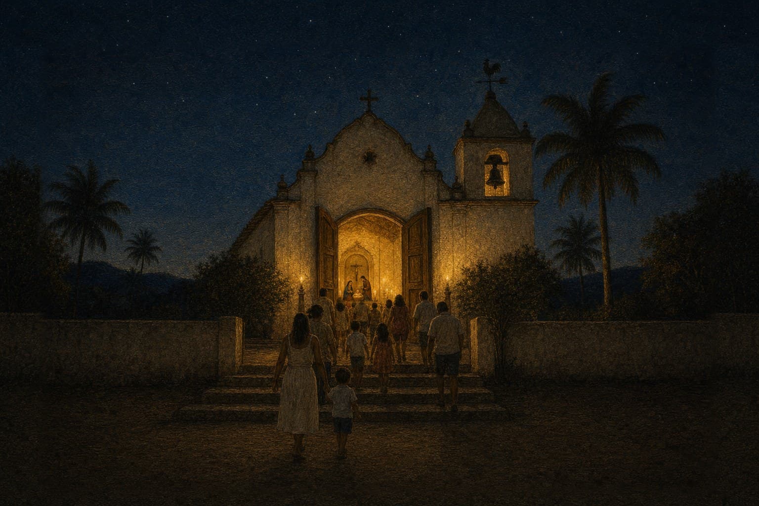 Uma igreja paroquial numa noite quente de dezembro, de portas abertas e iluminada por dentro, com famílias subindo os degraus e um galo de metal no alto da torre, contra um céu estrelado