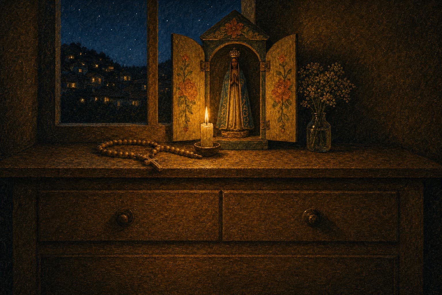 Um oratório mineiro pintado com Nossa Senhora Aparecida, junto à janela à noite, com uma vela acesa, um terço de madeira e um copo de flores; lá fora, um morro de casas com janelas acesas sob as estrelas