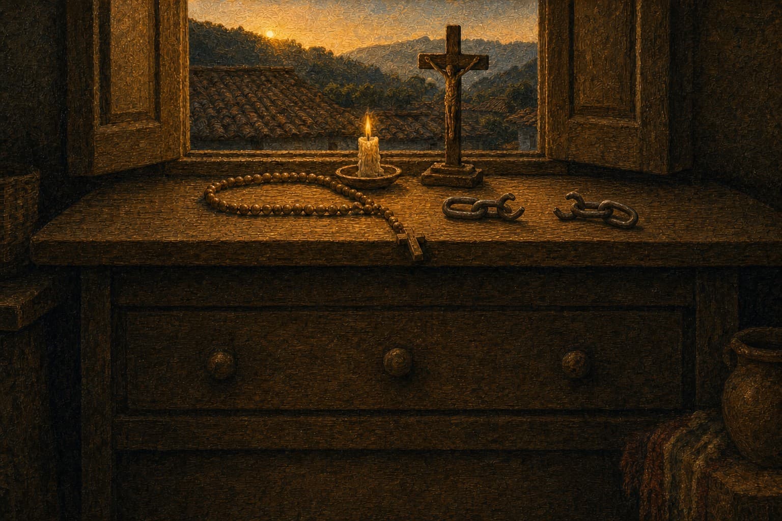Uma janela aberta ao amanhecer numa casa simples: sobre o parapeito de madeira, um crucifixo, uma vela acesa, um terço e uma corrente de ferro partida em dois pedaços, com os telhados lá fora