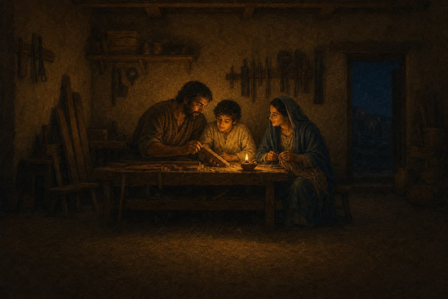 A Sagrada Família em casa, em Nazaré, à noite: José mostra ao menino Jesus uma peça de madeira na bancada, Maria fia ao lado, e uma lamparina de barro ilumina os três.