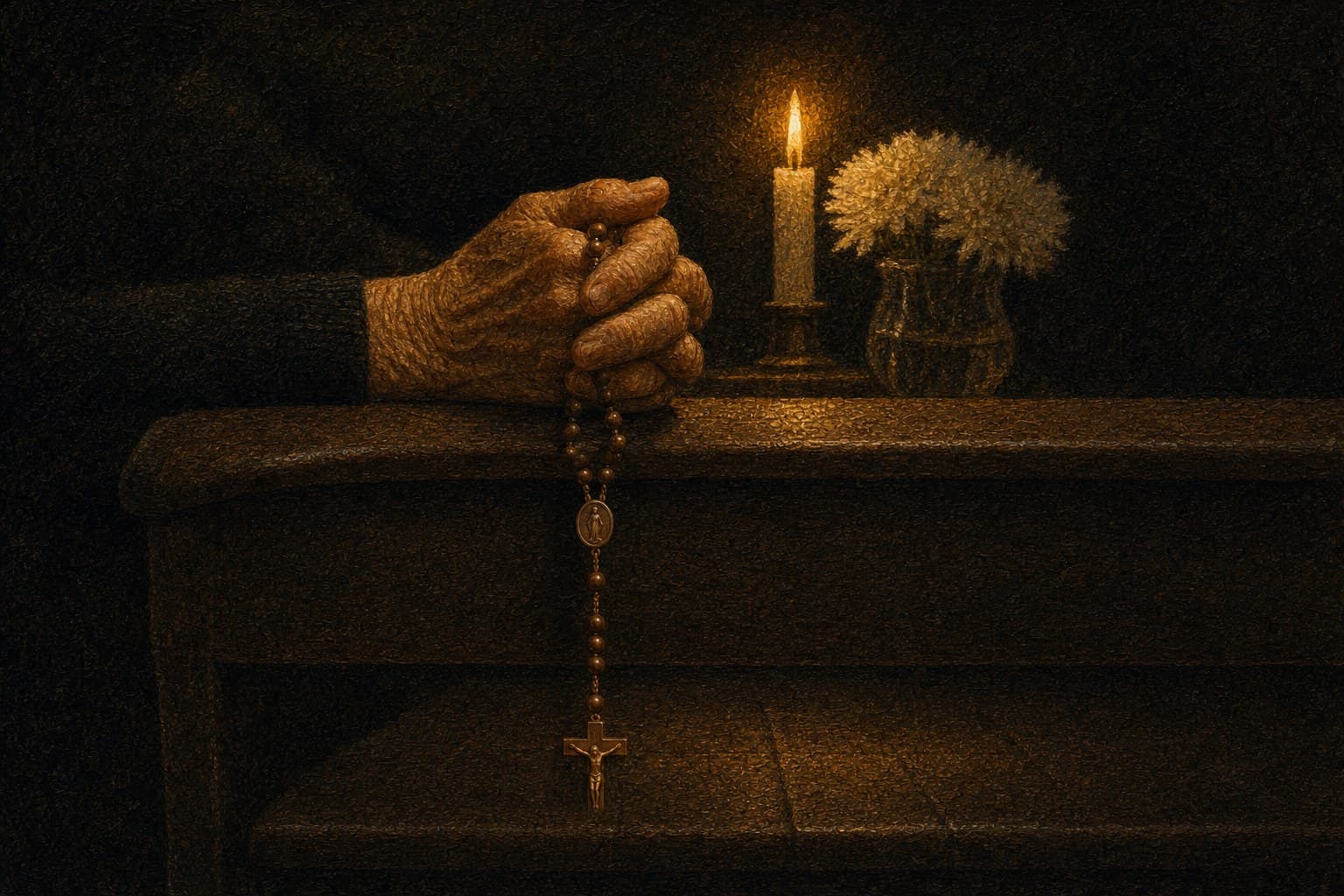 A mão de uma senhora idosa segura um terço de madeira escura no encosto de um banco de igreja; atrás, uma vela acesa e crisântemos brancos