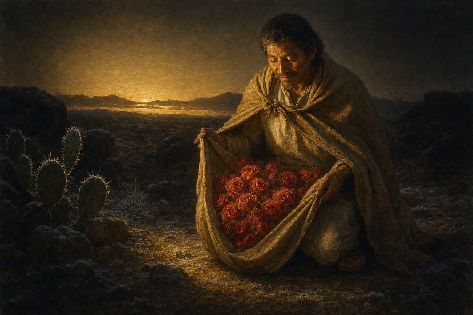 San Juan Diego arrodillado en el cerro del Tepeyac al amanecer, con rosas recogidas en su tilma