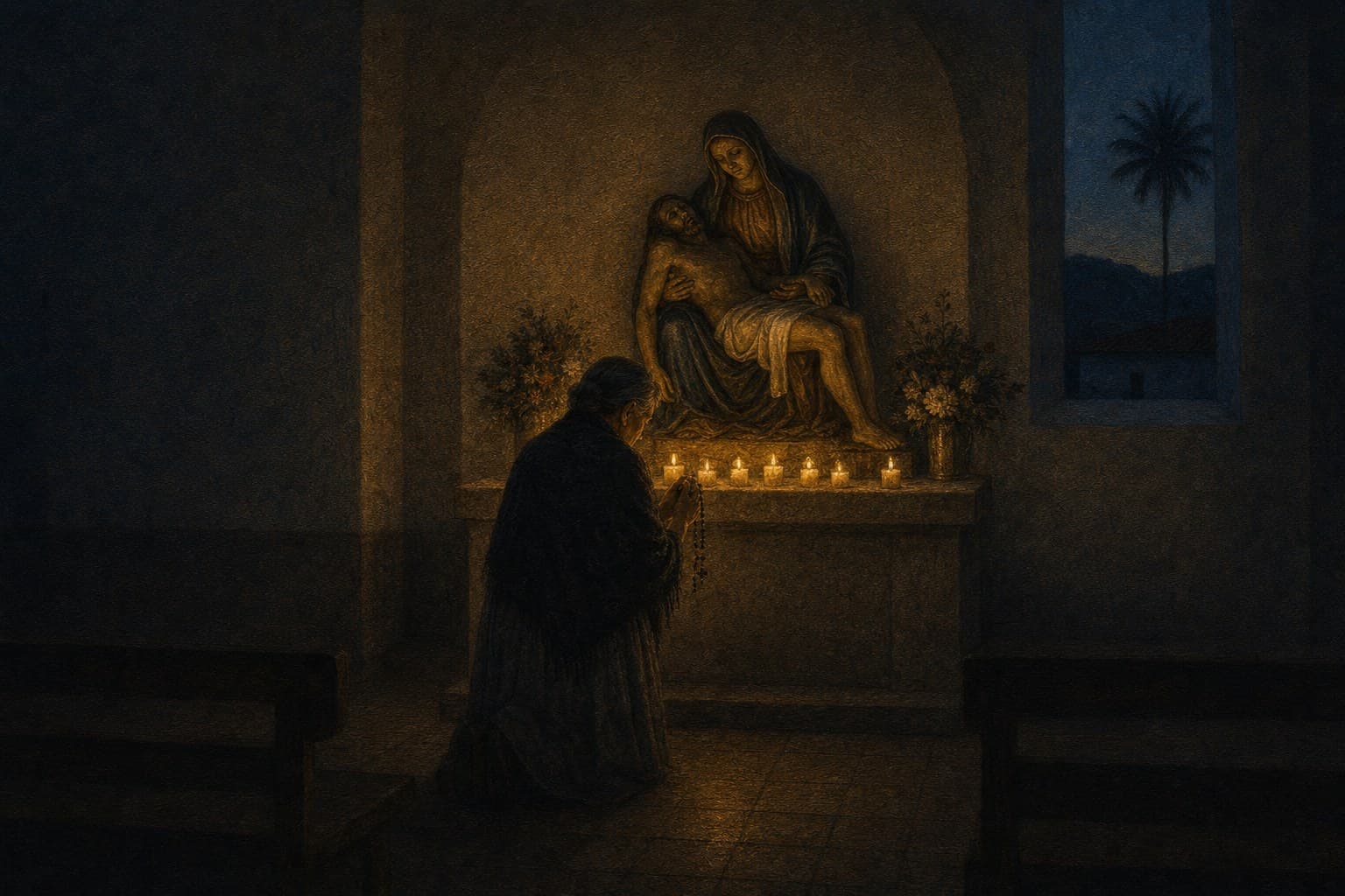 A carved Pietà stands on a small stone altar with seven votive candles and flowers in a village side chapel at dusk, and an older woman kneels before it with a chaplet in her hands.