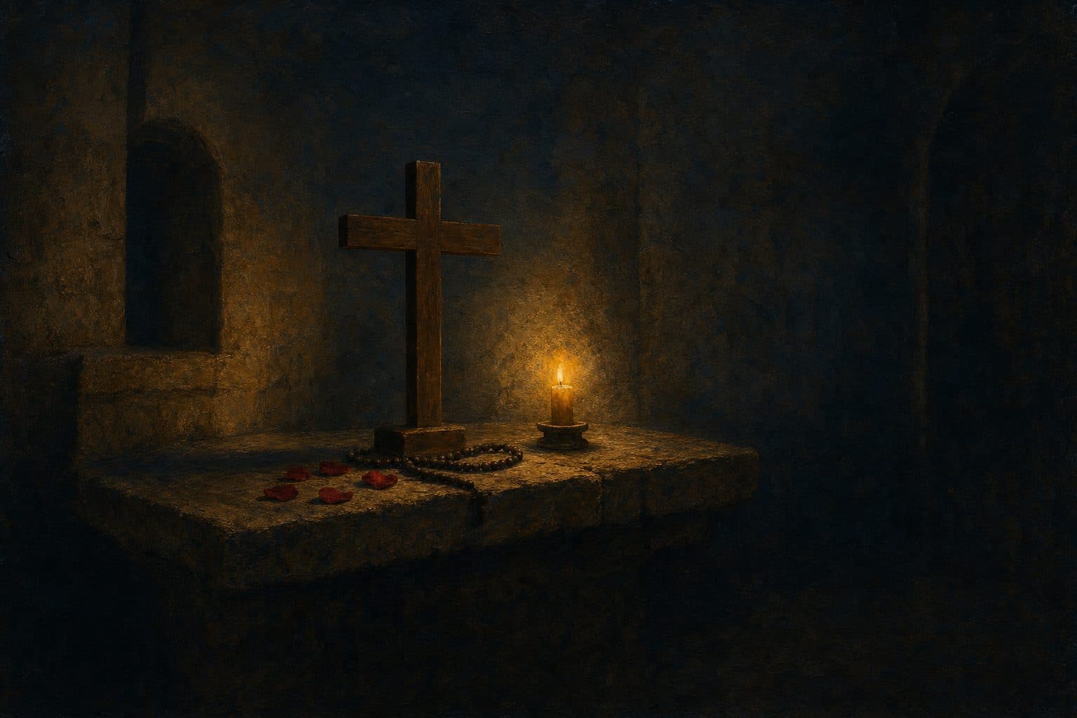 A plain wooden cross on a worn stone ledge in a dark chapel, a chaplet of dark beads coiled at its foot, five red rose petals beside it and one candle burning.